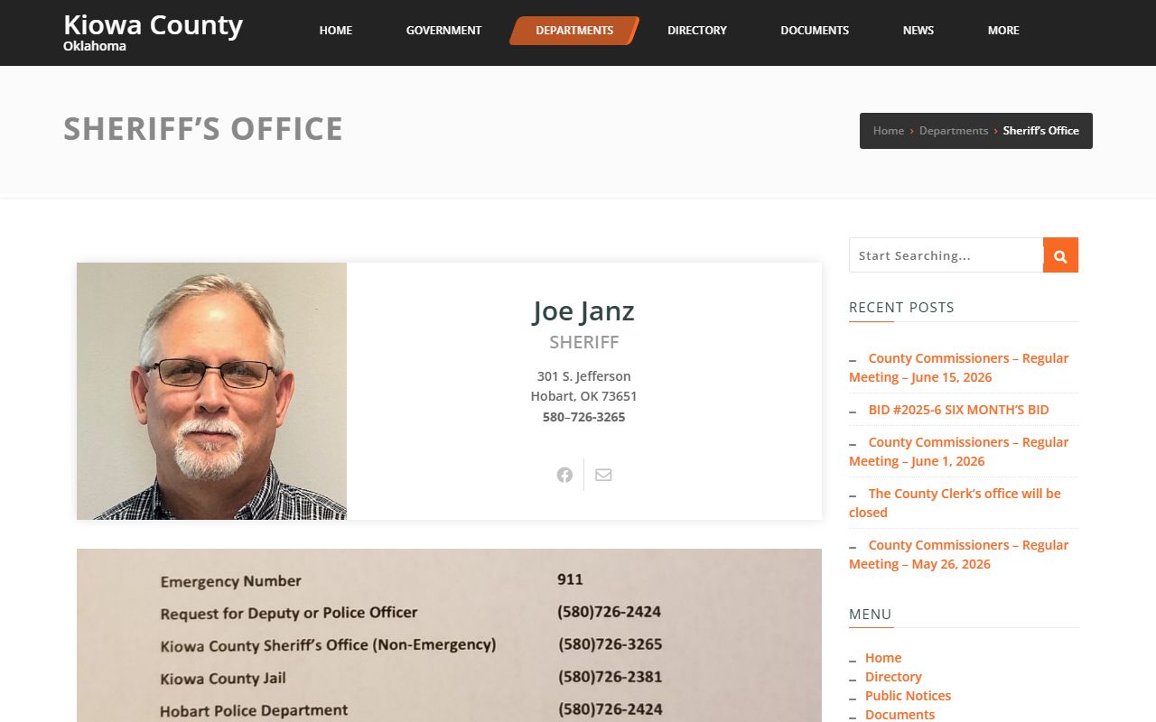 Kiowa County Jail sheriff office contact page for inmate lookup